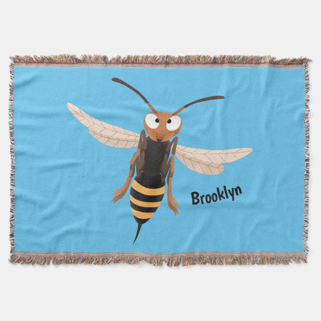 Funny angry hornet wasp cartoon illustration  throw blanket (Front)