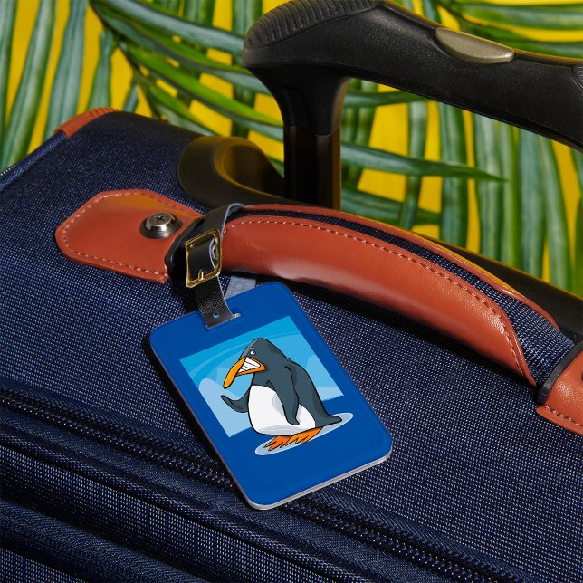Funny Angry Penguin Cartoon Cool Waving  Luggage Tag (Creator Uploaded)