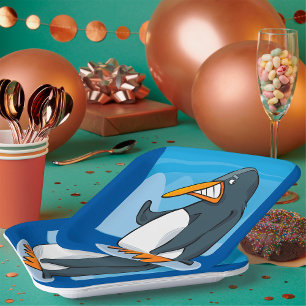 Funny Angry Penguin Cartoon Cool Waving  Paper Plate