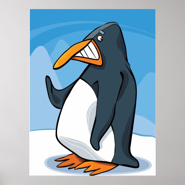 Funny Angry Penguin Cartoon Cool Waving  Poster (Front)