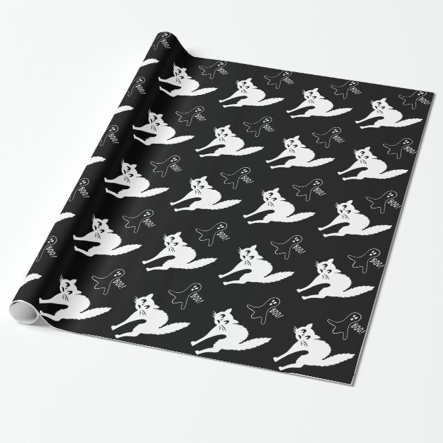 funny angry white cat and spooky ghost fun wrapping paper (Unrolled)