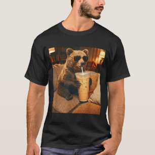 Funny animal bear drinking iced coffee on couch T-Shirt