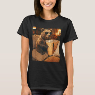 Funny animal bear drinking iced coffee on couch T-Shirt