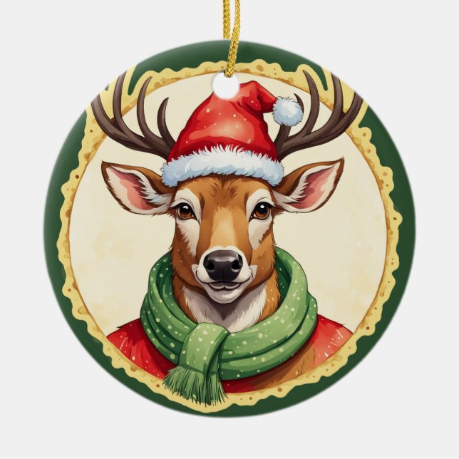 Funny Animal Christmas Favourites - Deer 2 Ceramic Ornament (Front)