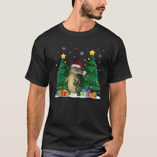 Funny Animal Lovers Crocodile Santa Ugly Christmas T-Shirt (Front)