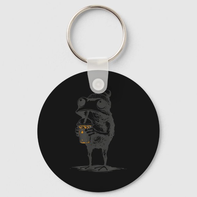 Funny animal meme frog drinking iced coffee men key ring (Front)