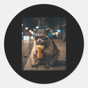 Funny animal meme raccoon drinking iced coffee men classic round sticker