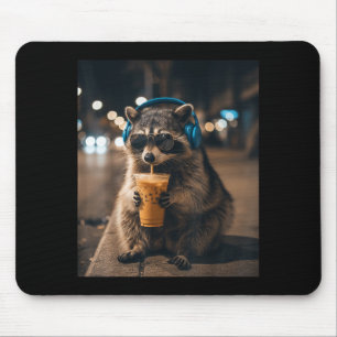 Funny animal meme raccoon drinking iced coffee men mouse pad