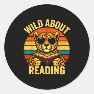 Funny animal meme wild about reading cheetah book classic round sticker