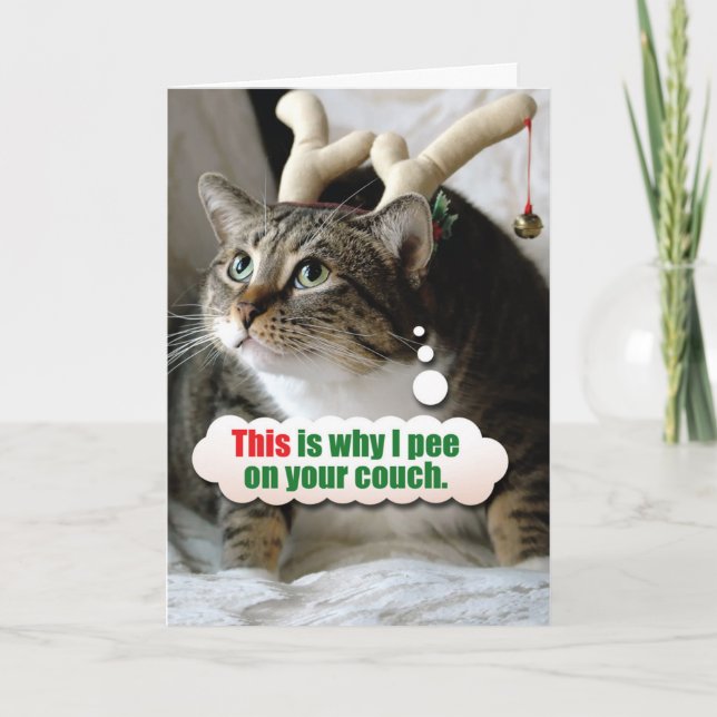 Funny Animal Merry Christmas - Pee On Couch Holiday Card (Front)