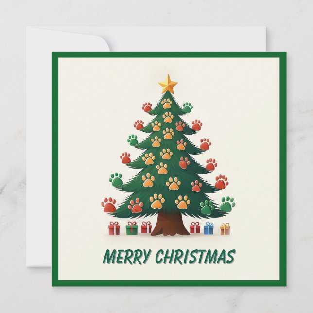 Funny Animal Paws Green Modern Christmas Tree  Holiday Card (Front)