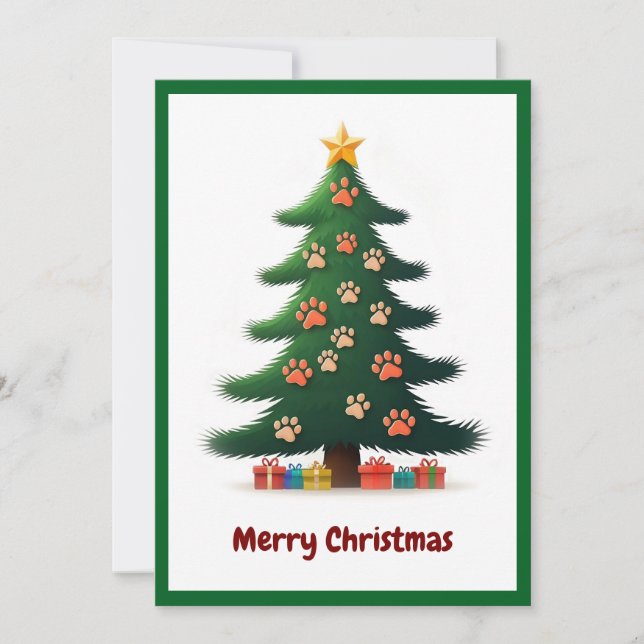 Funny Animal Paws Green Modern Christmas Tree Holiday Card (Front)