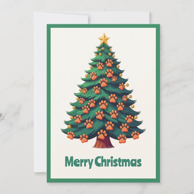 Funny Animal Paws Green Modern Christmas Tree  Holiday Card (Front)