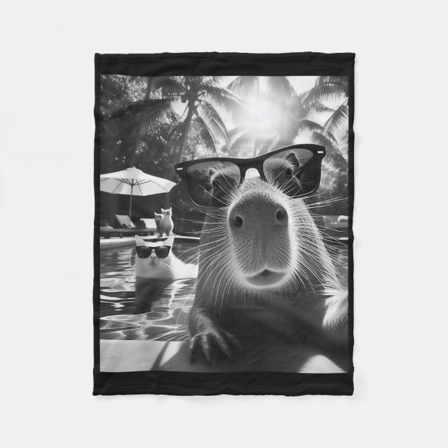 Funny Animal Swimming Pool Capybara Selfie With Ca Fleece Blanket (Front)