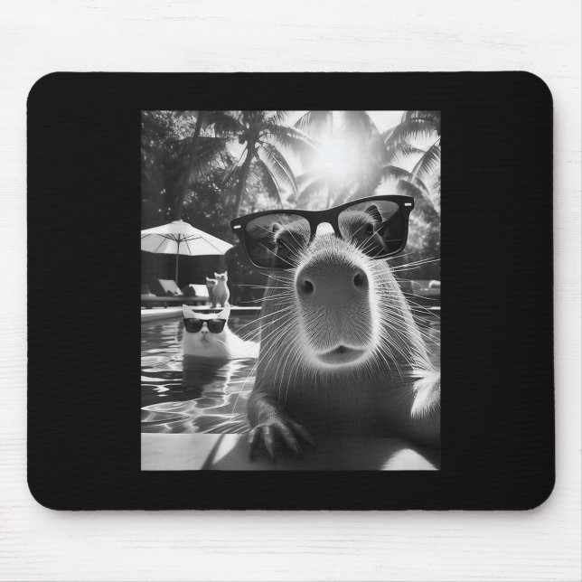 Funny Animal Swimming Pool Capybara Selfie With Ca Mouse Pad (Front)