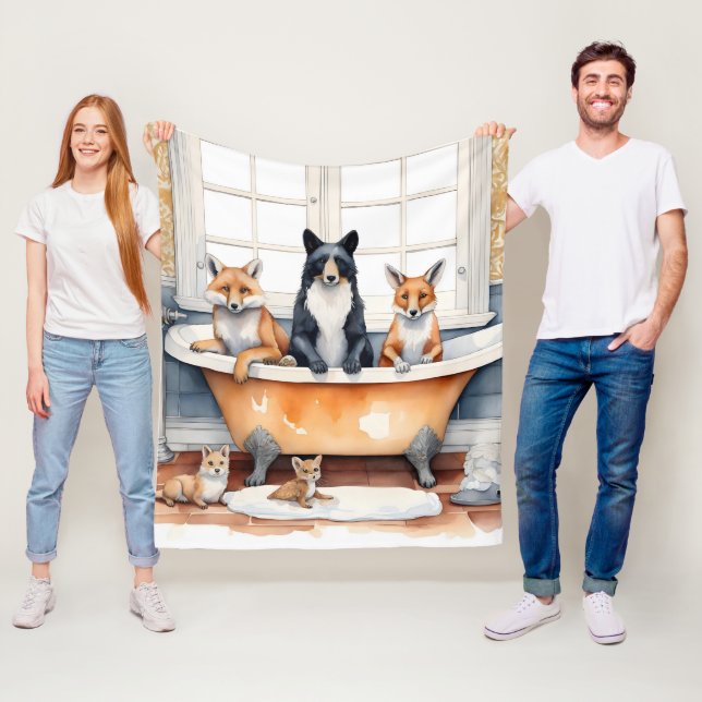 Funny animals in bath fleece blanket (In Situ)