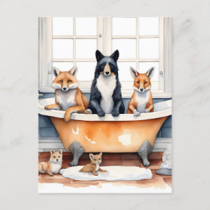 Funny animals in bath postcard