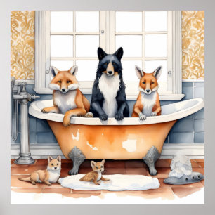 Funny animals in bath poster