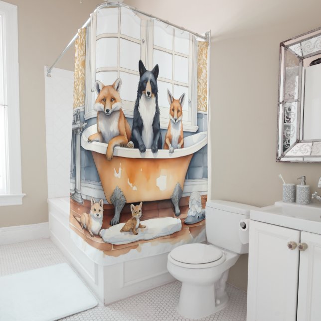 Funny animals in bath shower curtain (In Situ)