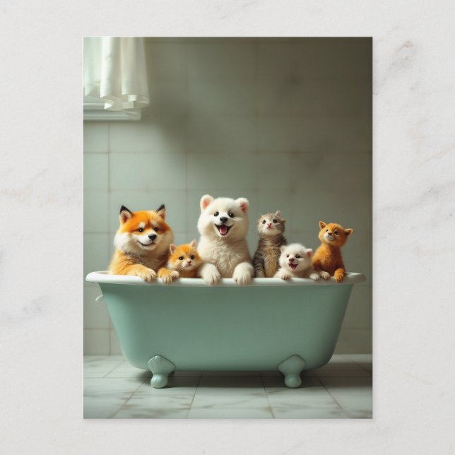 Funny animals in bathtub postcard (Front)