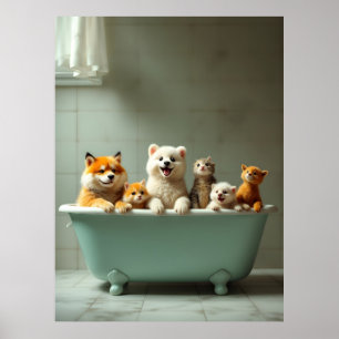 Funny animals in bathtub poster
