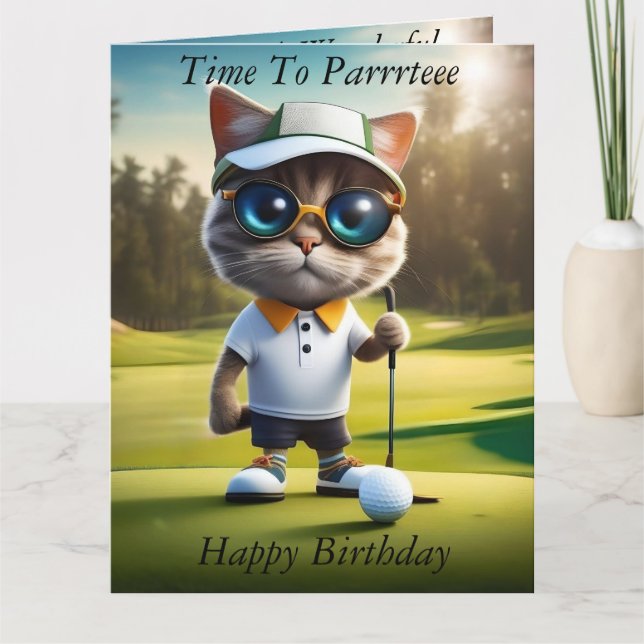 Funny Animated Cat Golf Player, Birthday Card (Front)