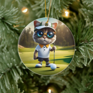 Funny Animated Cat Golf Player, Ceramic Ornament