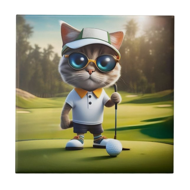 Funny Animated Cat Golf Player, Ceramic Tile (Front)