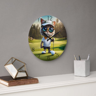 Funny Animated Cat Golf Player, Large Clock