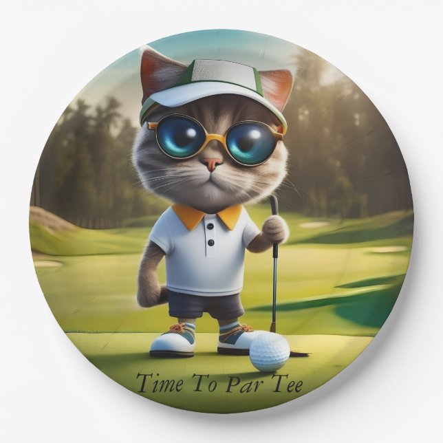 Funny Animated Cat Golf Player, Paper Plate (Front)