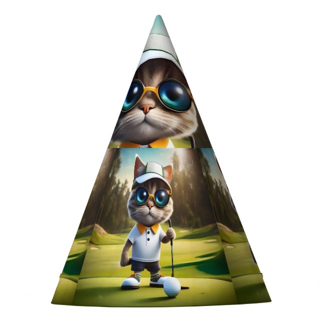 Funny Animated Cat Golf Player, Party Hat (Front)