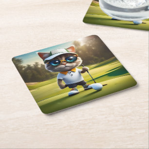 Funny Animated Cat Golf Player, Square Paper Coaster