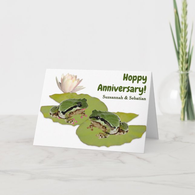 Funny Anniversary Frog Couple on Lily Pads Photos Card (Front)