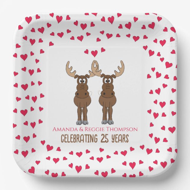 Funny Anniversary Party Cute Whimsical Moose Paper Plate (Front)