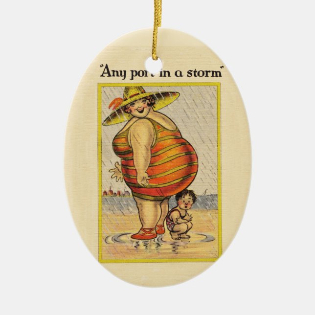Funny Antique Couple on Beach Oddity Ceramic Ornament (Front)