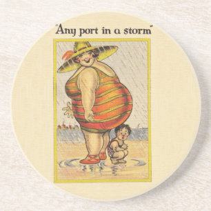 Funny Antique Couple on Beach Oddity Coaster