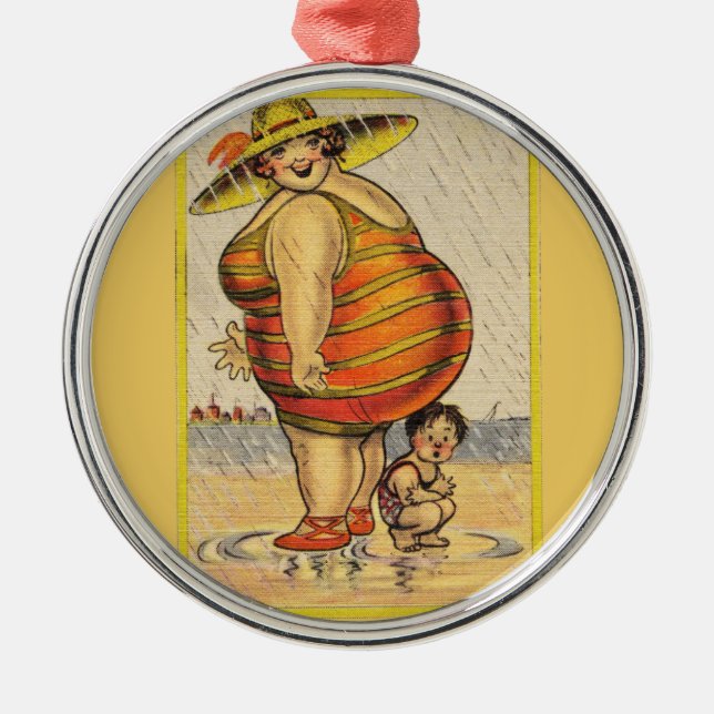 Funny Antique Couple on Beach Oddity Metal Tree Decoration (Front)