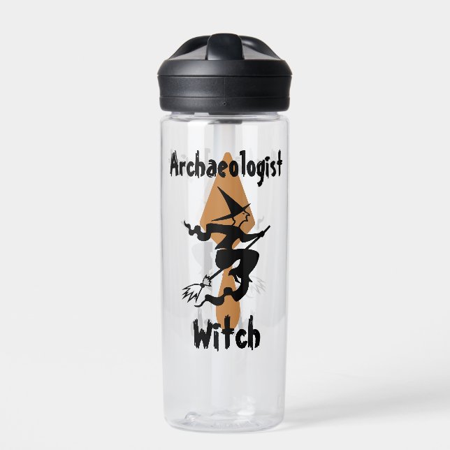 Funny Archaeologist Witch on a Broom and Trowel Water Bottle (Front)