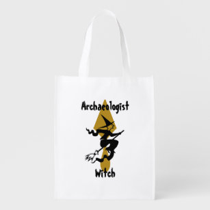 Funny Archaeologist Witch With Broom and Trowel Reusable Grocery Bag