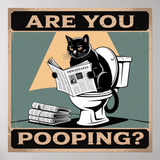 Funny "Are You Pooping?" Black Cat on Toilet Poster (Front)