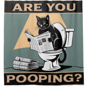 Funny "Are You Pooping?" Black Cat on Toilet Shower Curtain