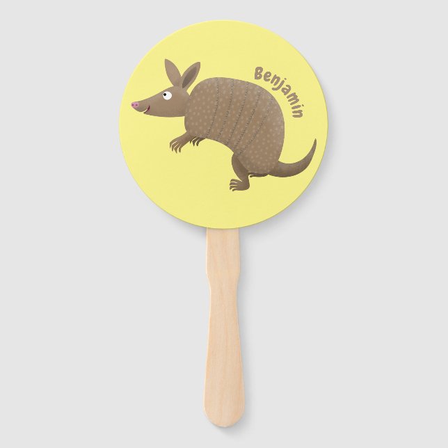 Funny armadillo happy cartoon illustration hand fan (Front)