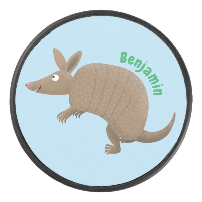 Funny armadillo happy cartoon illustration hockey puck (Front)