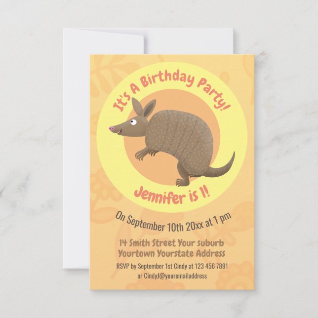 Funny armadillo happy cartoon illustration invitation (Front)