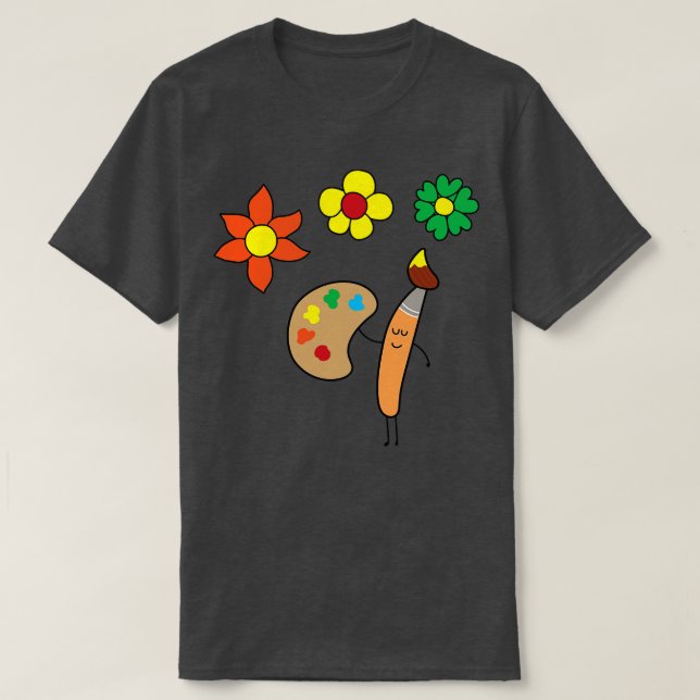 Funny Art Brush Drawing Flowers  T-Shirt (Design Front)