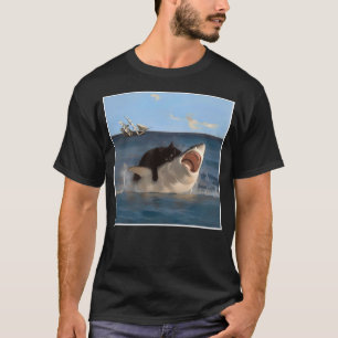 funny Art & Cat Lover Quote Cat Biting Shark Cool  T-Shirt