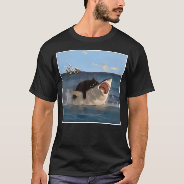 funny Art & Cat Lover Quote Cat Biting Shark Cool  T-Shirt (Front)