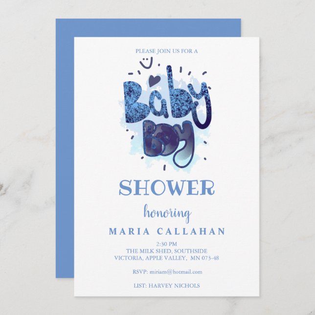 Funny Artistic Typography Blue Baby Boy Shower Invitation (Front/Back)