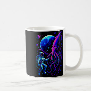Funny Astronaut And Squid In Underwater Space With Coffee Mug