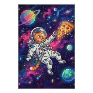 Funny Astronaut Cat Floating Space Pizza Galaxy Poster